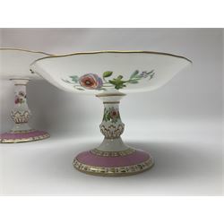 Victorian Copeland, Botanical dessert service, decorated with floral sprigs to the centre with a pink and gilt border, comprising five comports and seven plates, largest comport H20cm, plate D22cm