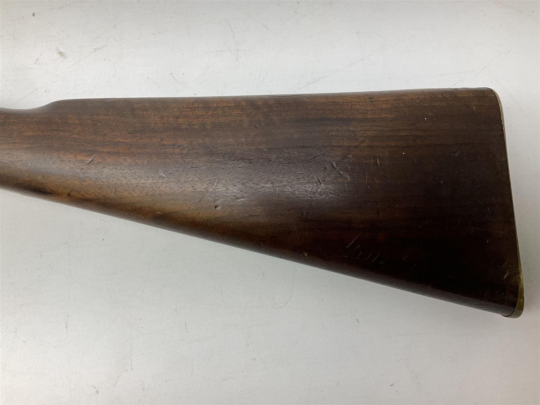 19th century D. & J. Fraser Edinburgh .577 Snider action gun, the 94cm barrel with three-groove rifling, three barrel bands and maker's name to top, full walnut stock with brass fittings, trigger guard inscribed J.D.M.,  L141cm