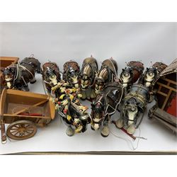 Ceramic shire horses including pairs, 'Romany Rose' gypsy style caravan and various models of horse drawn carts