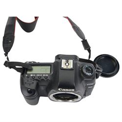 Canon EOS 5D Mark II camera body, serial no. 1631012789, with shoulder strap, battery grip BG-E6 and Canon compact-macro 50mm 1:2.5 EF lens serial no. 282912, in original box