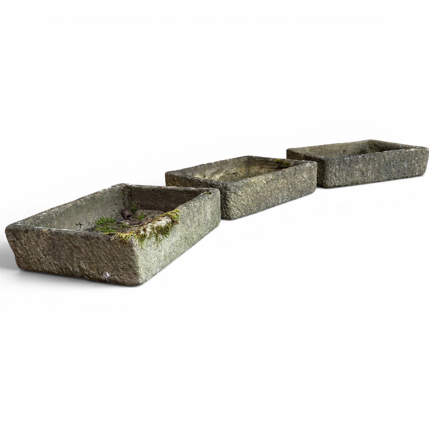 Three weathered composite stone rectangular planters, shallow form