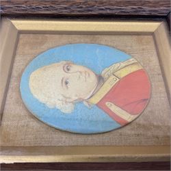 19th century watercolour head and shoulder portrait miniature of a Georgian  British Army Officer, oval 6.5 x 5cm, oak frame; and tapestry silhouette portrait miniature of a British soldier, 10.5 x 7cm, Hogarth frame (2)