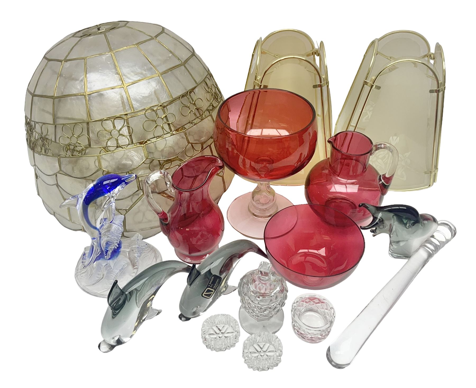 Pair of V Nason & Co murano glass dolphins together with to other glass figures and cranberry glass and lampshades  