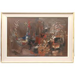 Roy McCallum (British 20th century): 'Vanity' - Abstract Roosters, impasto oil on board signed, titled and signed verso 51cm x 79cm