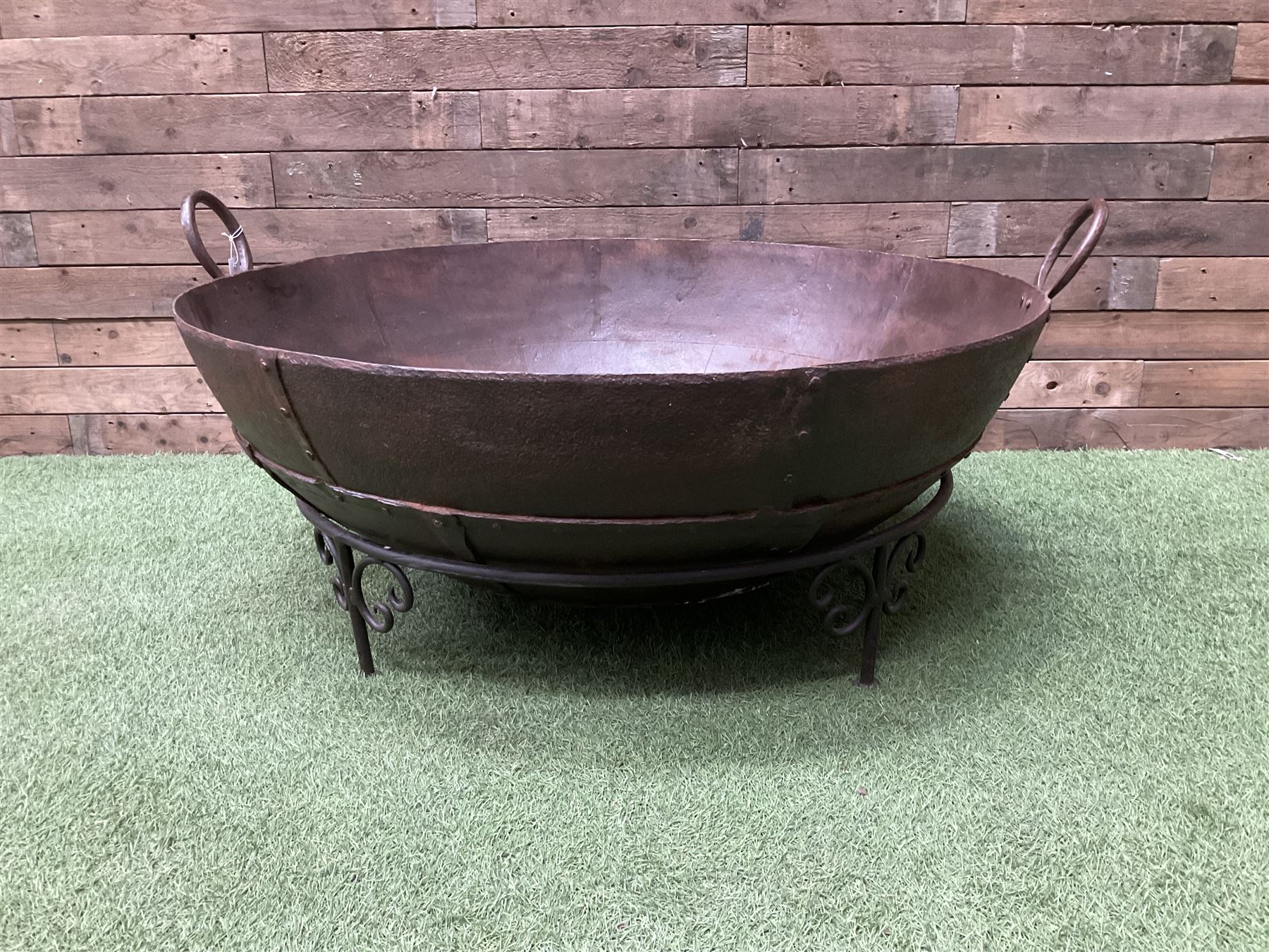 Very large Indian wrought iron Kadhai fire pit on wrought iron stand  - THIS LOT IS TO BE COLLECTED BY APPOINTMENT FROM DUGGLEBY STORAGE, GREAT HILL, EASTFIELD, SCARBOROUGH, YO11 3TX