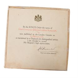 WWII Medal group awarded to Commander John Cecil Gilbert Martin, Royal Navy; OBE, 1939-1945 Star, Atlantic Star, Africa Star, Burma Star, War Medal, Defence Medal, Queen Elizabeth II Coronation medal and Royal Life Saving Society Medal, together with engraved silver napkin ring, hallmarked, engraved silver plated tin, OBE documentation and other ephemera relating to Commander John Cecil Gilbert Martin