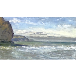  Neil Tyler (British 1945-): 'Staithes Cliffs', oil on board signed, titled verso 27cm x 47cm  