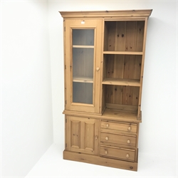  Solid pine bookcase cabinet, single glazed door, four shelves, three drawers, single cupboard, plinth base, W108cm, H199cm, D42cm  
