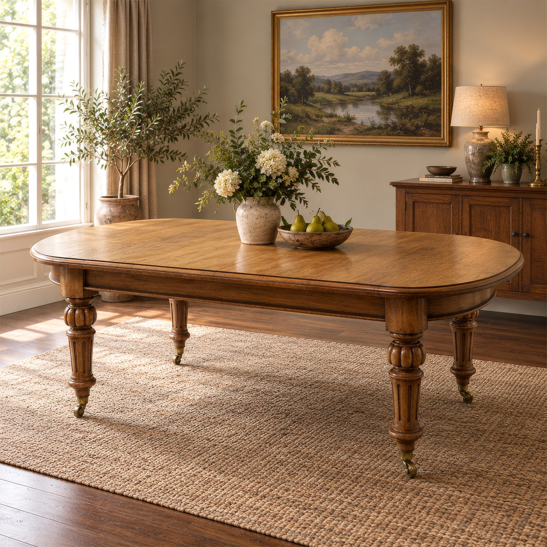 Large Victorian oak extending dining table, the rectangular top with rounded corners and moulded edge, plain frieze over large turned lobed and fluted supports terminating to brass cups and castors, with two additional leaves