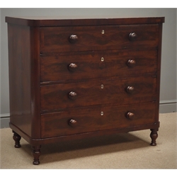  Early 19th century figured mahogany chest, cross banded top and drawer fronts, four drawers with solid oak lining, turned supports, W103cm, H94cm, D52cm  