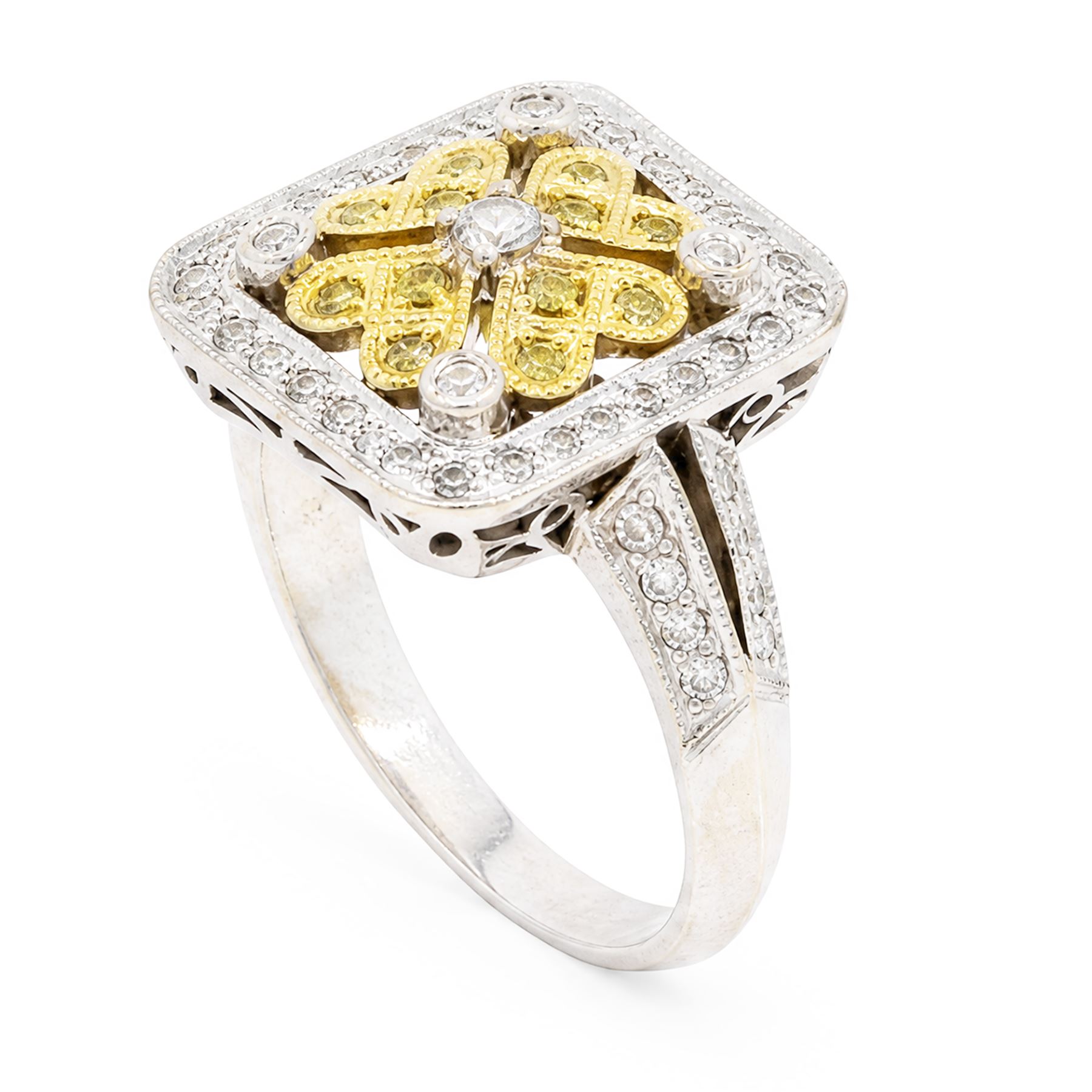 18ct white gold diamond flower head dress ring, milgrain set with sixty-five fancy yellow and white diamonds, with diamond set shoulders, stamped 750, total diamond weight 1.00 carat, with World Institute Report