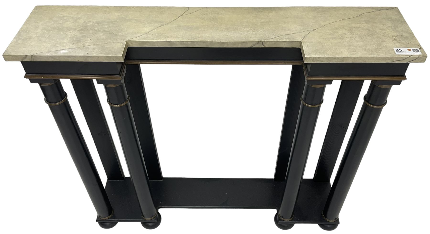 Italian design ebonised reverse-breakfront console table, painted simulated marble top over ebonised pilasters with gilt piping, platform base on compressed bun feet