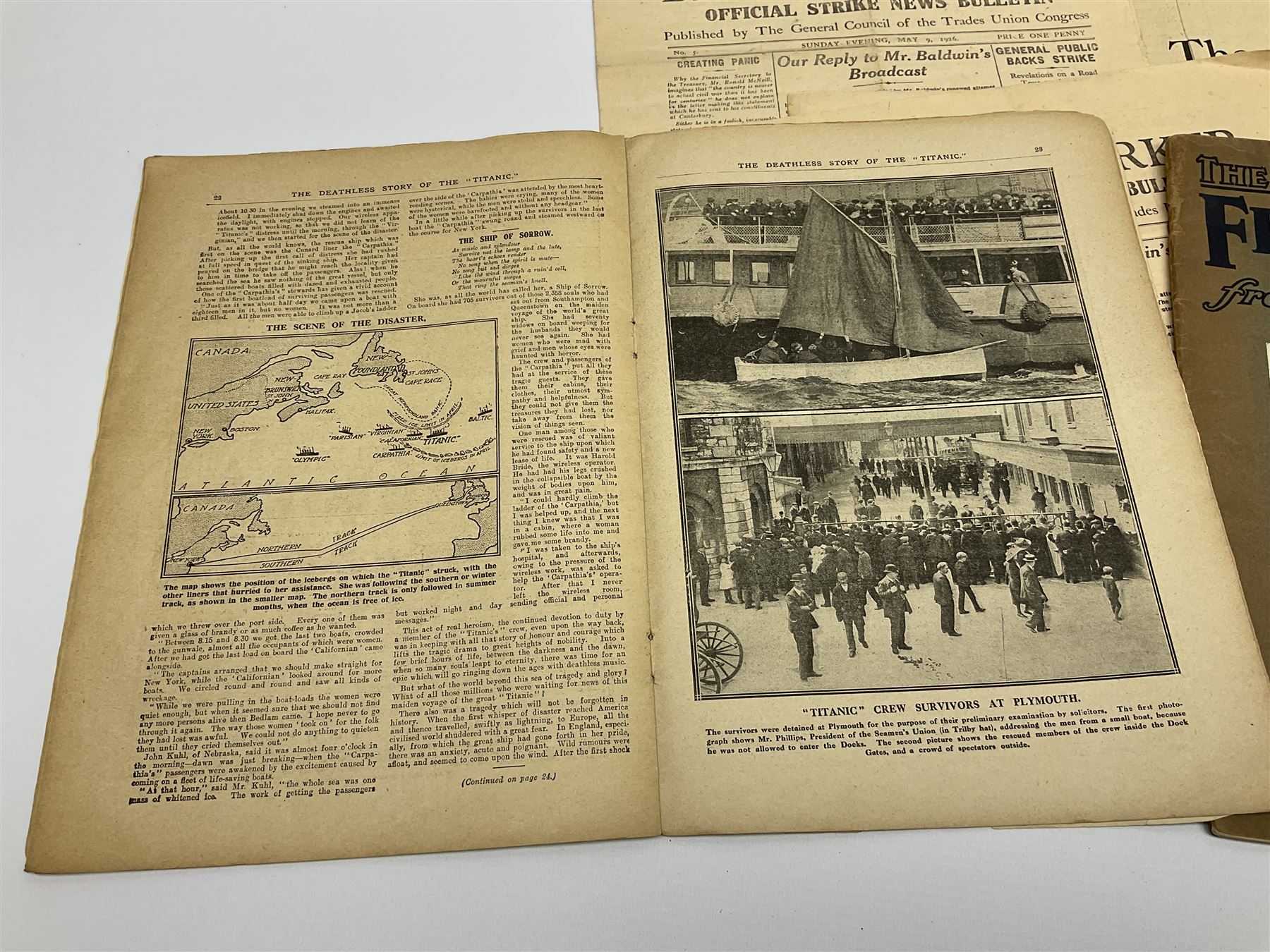 Titanic interest: Lloyds Weekly magazine 'The Deathless Story of the Titanic'. Second edition. A4 size. 'Complete Narrative with Many Illustrations'; together with Bruce Bairnsfather's 'The Bystander's Fragments from France'; and small quantity of newspapers relating to the General Strike in 1926