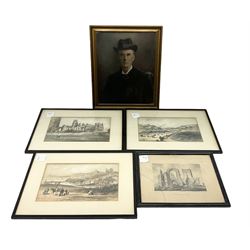 Framed oil painting of gentleman, together with four framed prints of cityscapes and Whitby Abbey, largest H35cm, W29.5cm 
