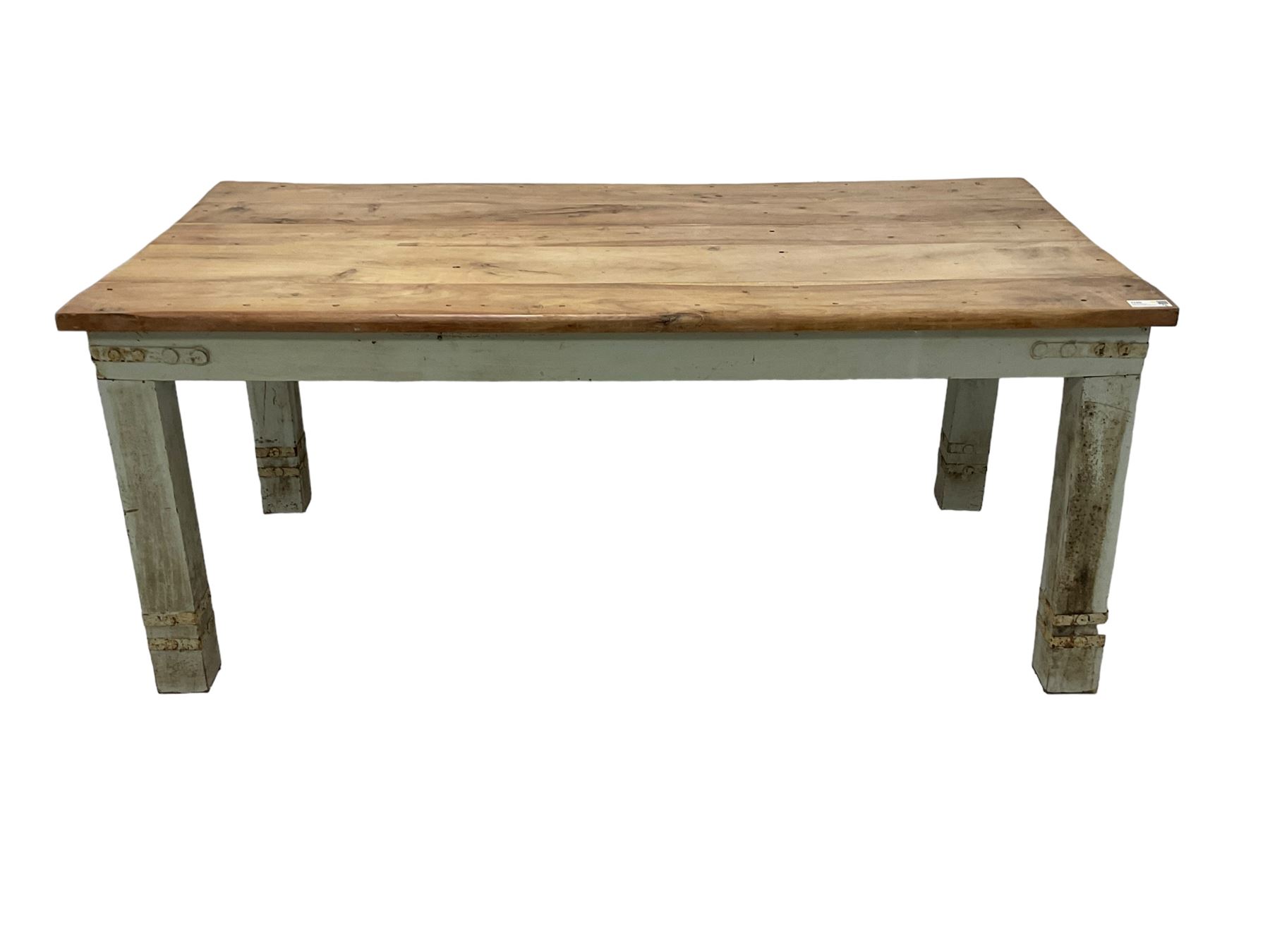 Painted hardwood farmhouse kitchen dining table, rectangular top on painted base, on square supports, bound with metal strappings 