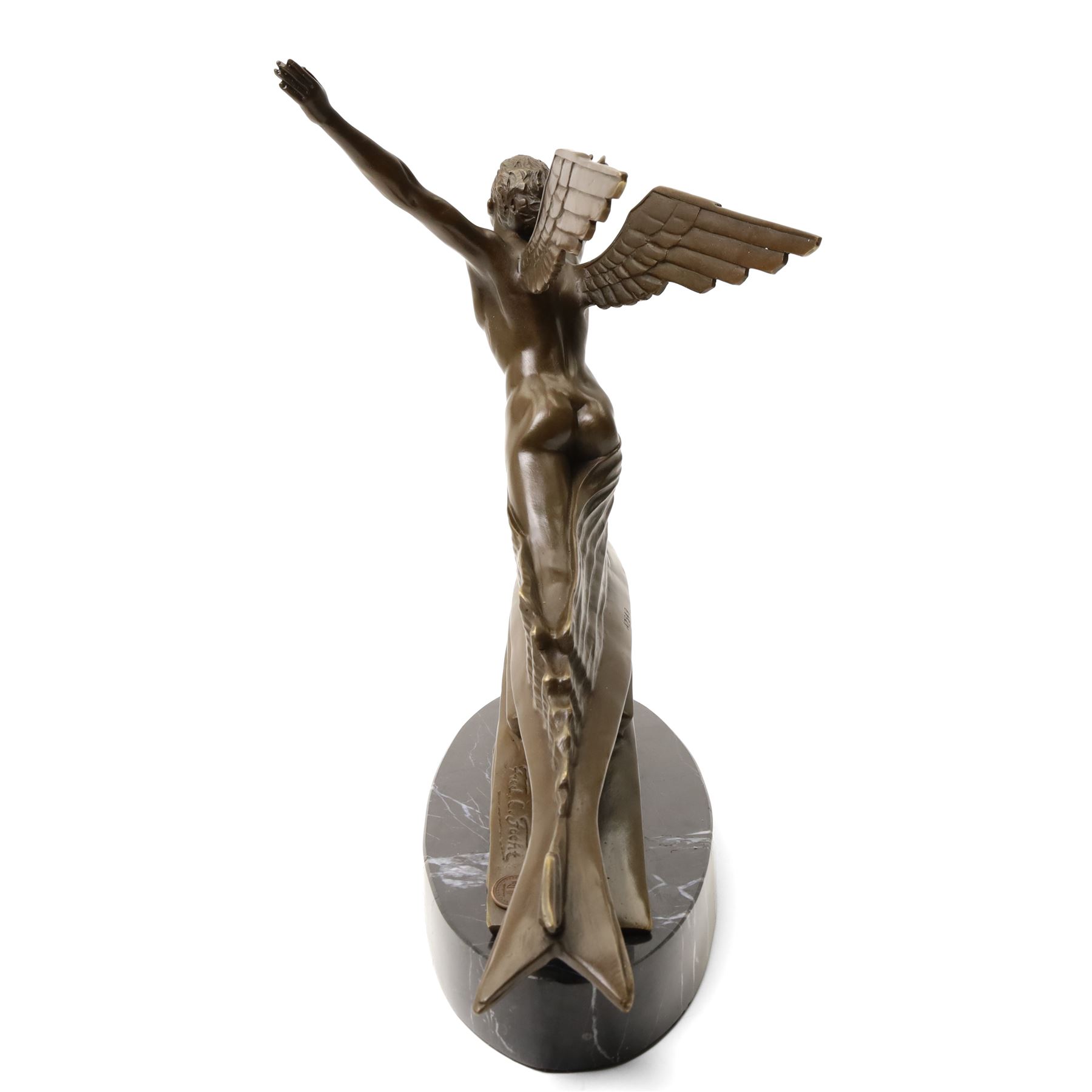 After Frédéric Charles Focht (French 1879-1937): L'aviation, contemporary bronze bearing signature and foundry mark, on marble base, overall H31cm