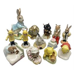 Nine Royal Doulton figures, to include Brambly Hedge Dusty and Baby D.B.H26, Wilfred Entertains D.B.H23, Bunnykins Rainy Days DB147, Bathtime DB148, Happy Birthday DB21, etc, together with Royal Albert and Beswick Beatrix potter figures, all with original boxes 