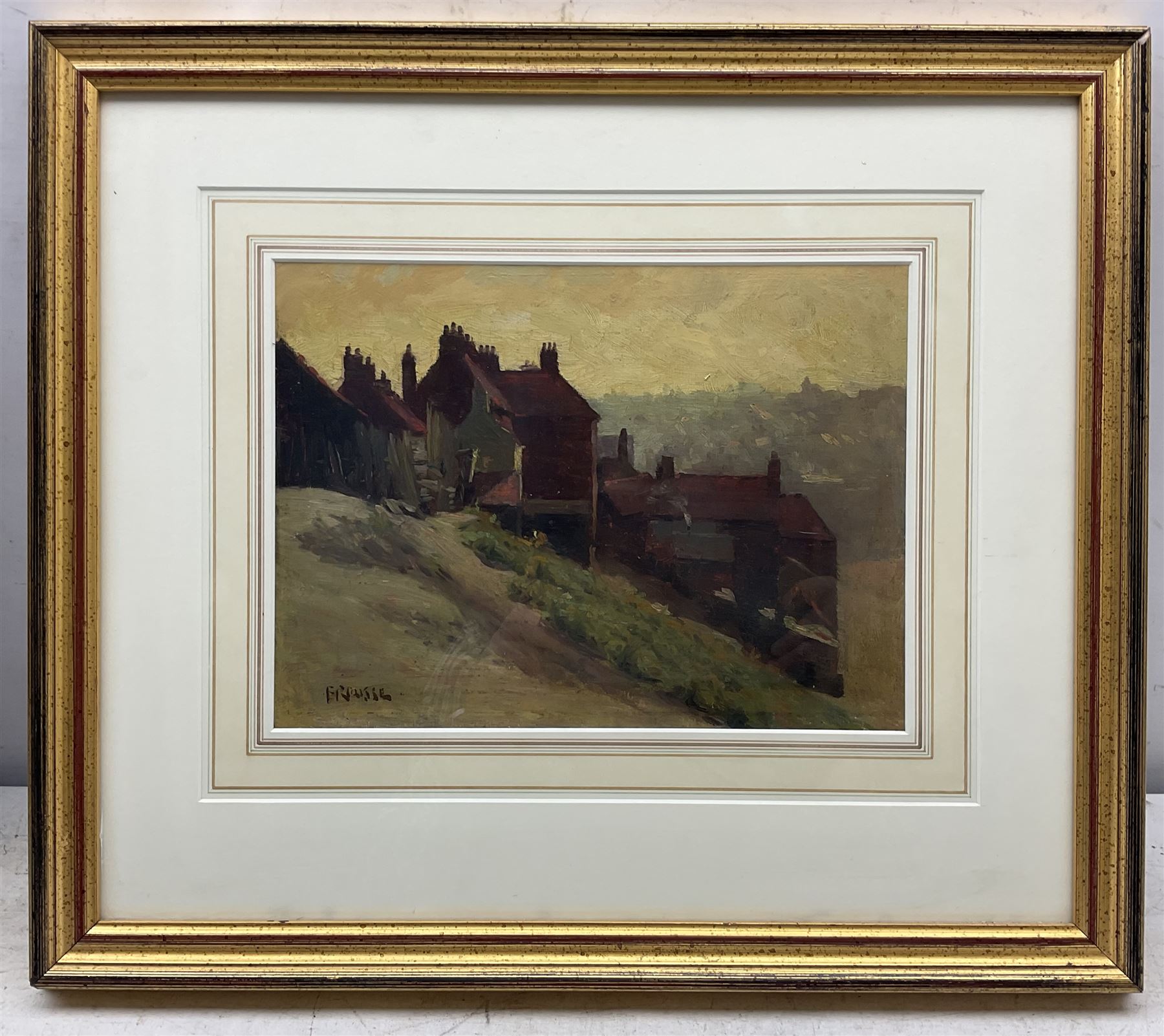 Frank Rousse (British fl.1897-1917): Henrietta Street Whitby, oil on board signed 21cm x 29cm