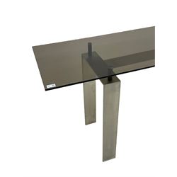 Contemporary console table, rectangular smoked glass top on brushed steel supports