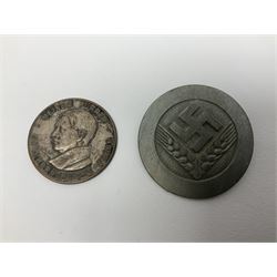 Five WW2 German medals/badges -German Defences West Wall Medal, War merit Cross, Red Cross Decoration, RAD tinnie brooch and Adolf Hitler 1934 medallion (5)