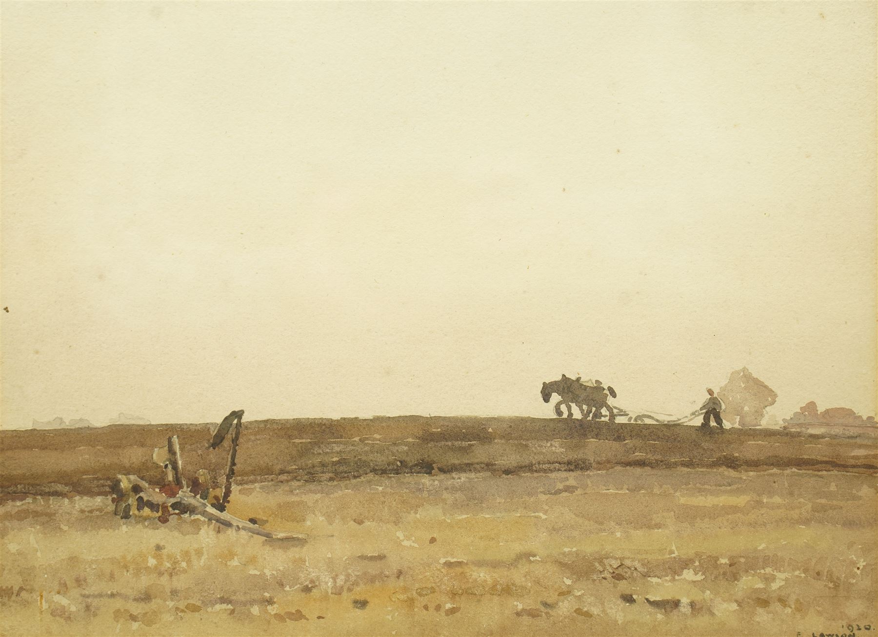 Frederick (Fred) Lawson (British 1888-1968): Ploughing the Fields, watercolour signed and dated 1910, 27cm x 35cm