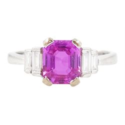 18ct white gold pink sapphire and diamond ring, single octagonal cut sapphire of approx 1....