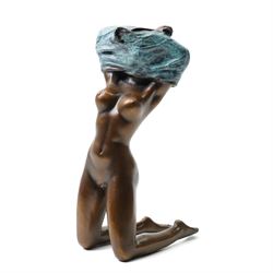 Bronze figure, modelled as a nude woman removing her shirt, signed Milo, H17cm