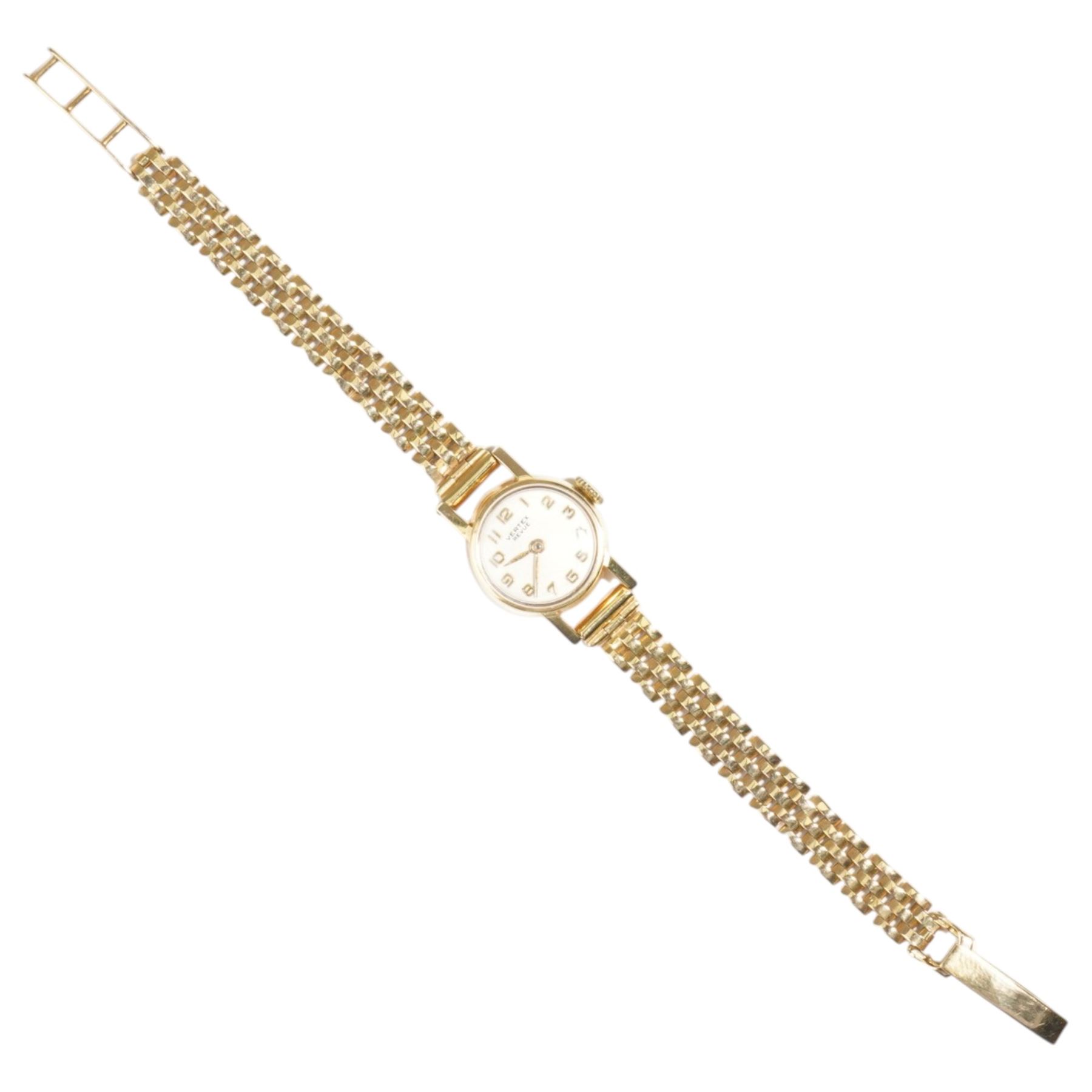Vertex Revue ladies 9ct gold manual wind wristwatch, on 9ct gold bracelet, hallmarked