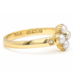 19th/ early 20th century gold pearl and diamond flower head cluster ring, single old cut diamond surrounded by four grey pearls, with a diamond set either side, by Cornelius Desormeaux Sanders & James Francis Hollings Shepherd, stamped 18ct