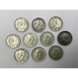 Ten King George V 1918 silver half crown coins