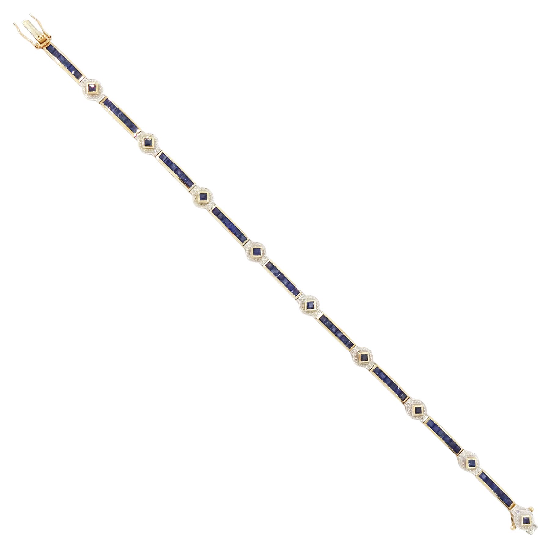 9ct gold sapphire and diamond bracelet, nine square cut sapphire and diamond chip clusters, each spaced by six channel set sapphire links, hallmarked