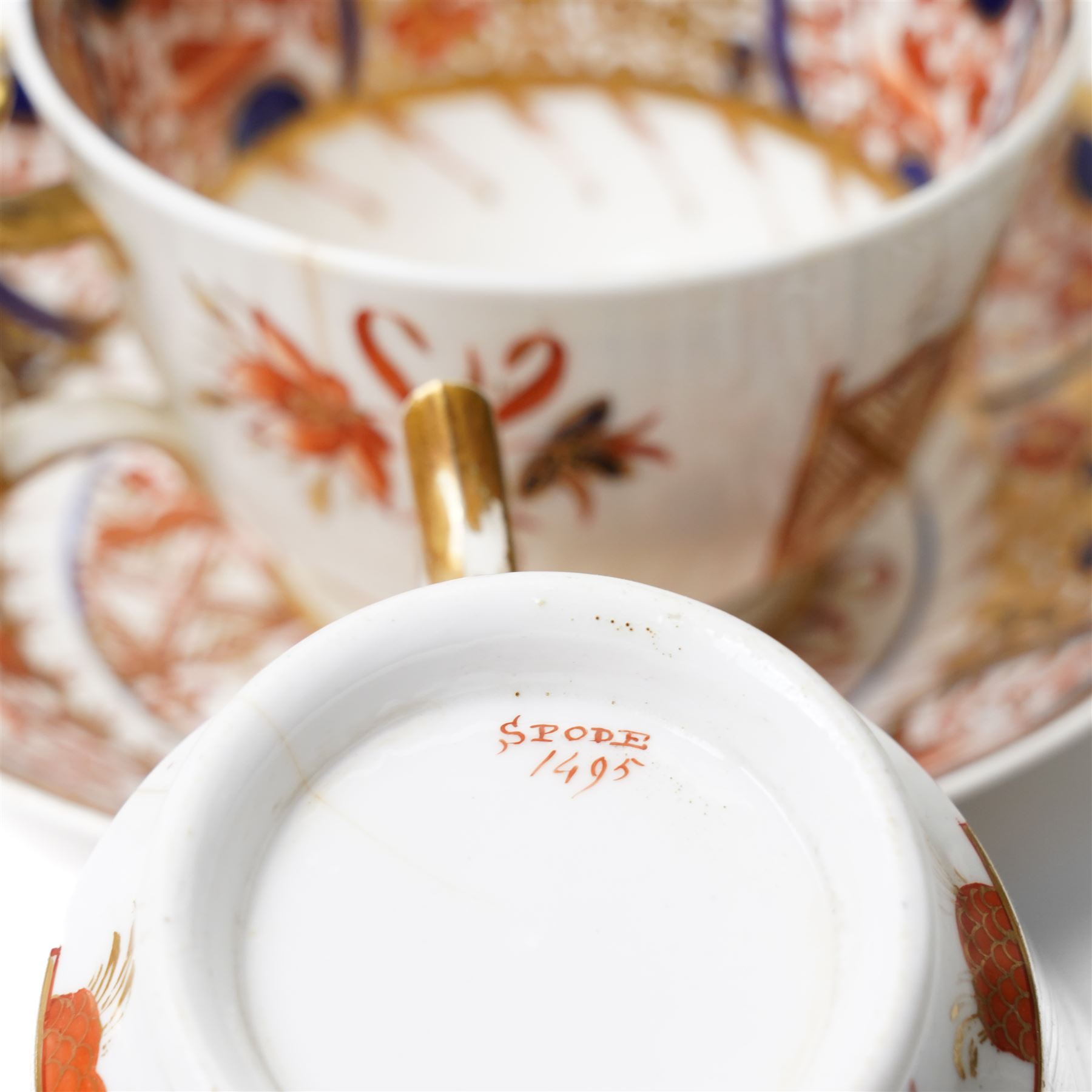 Collection of Copeland Spode Imari pattern no. 1495 tea wares, mostly with painted numbers to base