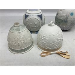 Seven Lladro bells, comprising Summer no 17614, Fall 17615, Christmas 1988 no 5525, Christmas 1989 no 5616,  Christmas 1990 no 5641, Christmas 1992 no 15913 and Christmas 1993 no 16010, together with two Lladro Christmas balls no 1603 and Lladro easter eggs 1994 no 17532