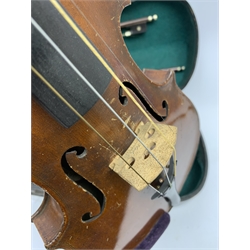 John Murdoch & Co. 'The Maidstone' three-quarter size violin with 33.5cm two-piece maple back and ribs and spruce top, bears label, 55cm overall, in original ebonised wooden 'coffin' case with two bows 