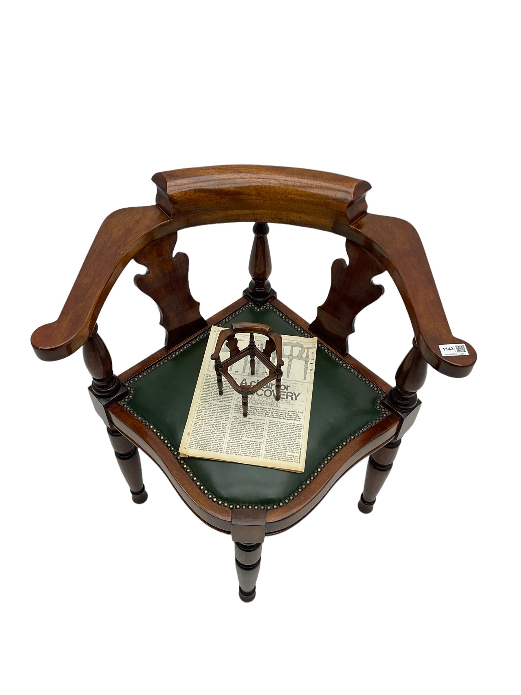 Captain Scott replica mahogany cabin chair, corner shaped with studded leather seat, with miniature prototype and paperwork