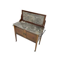 Edwardian inlaid mahogany washstand, raised marble back and top, over two panelled cupboard doors, raised on square tapering supports with castors