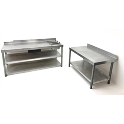  Stainless steel three tier preparation table, raised back with three dishes and single drawer (W153cm, H73cm, D62cm) and two tier stainless steel preparation table, raised back (W107cm, H69cm, D62cm) (2)  