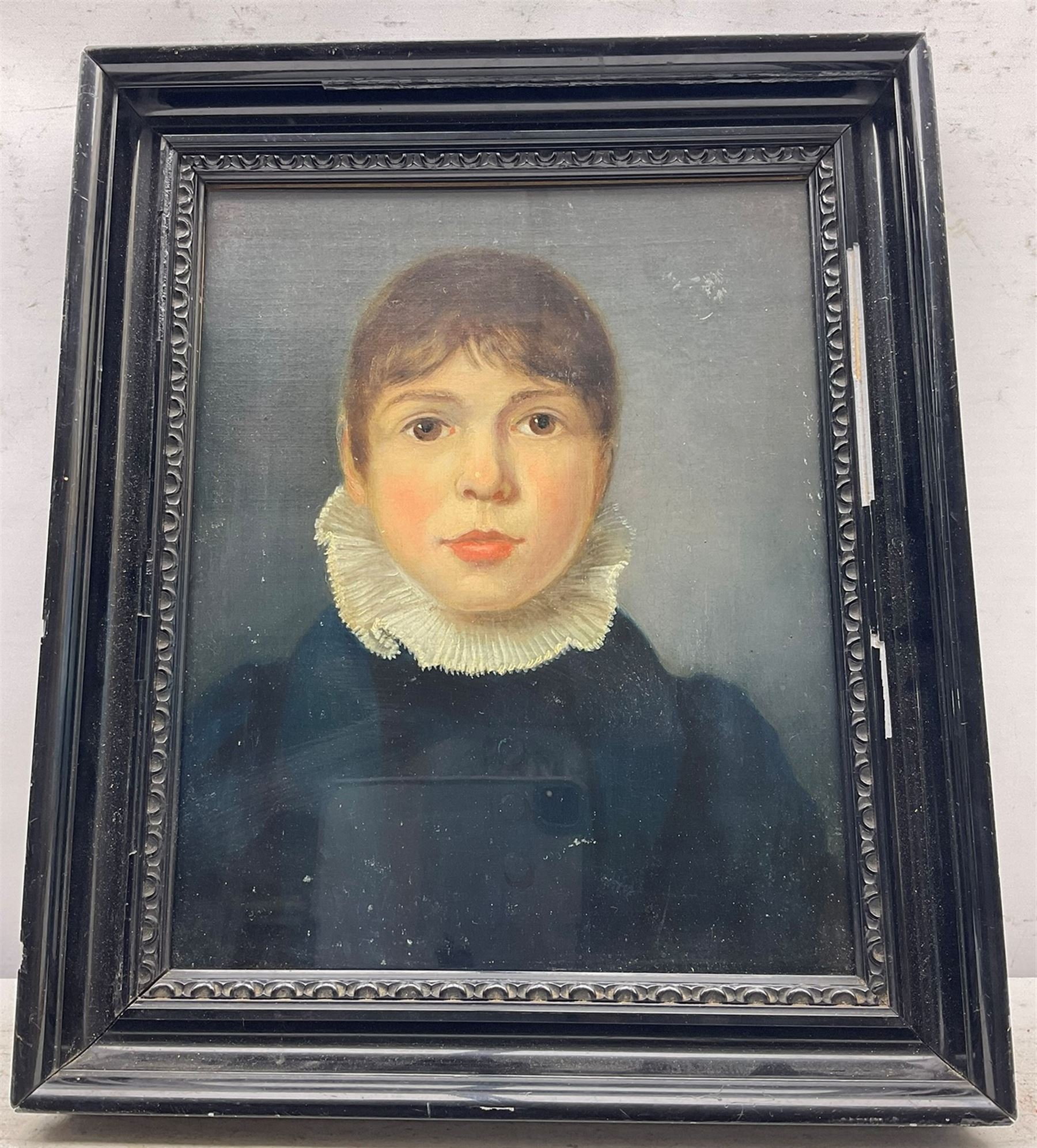 English School (Early 19th century): Portrait of 'Thomas Shepherd Noble' as a Young Boy, oil on canvas unsigned, inscribed verso 29cm x 23cm 
Notes: Noble, born in Northallerton on 3rd March 1826 to John and Hannah Noble, married Amelia Winifred Anderson 1850 in York. He is recorded as working as a Attorney of Law and Solicitor in Chancery, living in Gillygate, York in 1861 with wife Amelia & children, then later as a widower at Precentors Court, York in 1901. He died on 15th June 1910.