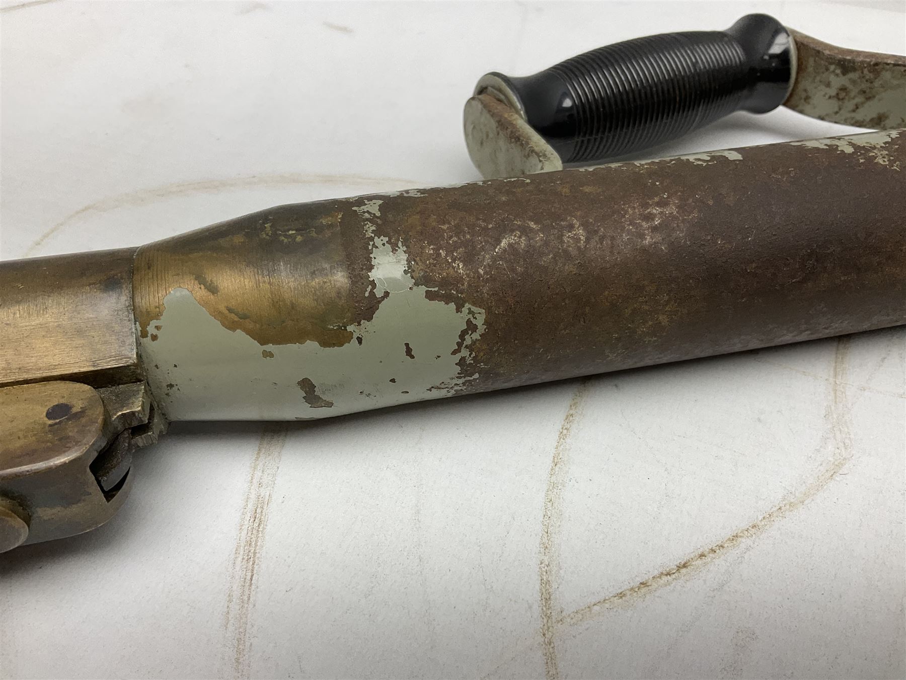 Schermulys Patent No.503324 nitro proof line throwing pistol No.15003; brass body with proof marks; the 32cm steel barrel with secondary handle over and original transfer 'The Schermuly Pistol Rocket Apparatus Ltd. London' L51cm overall