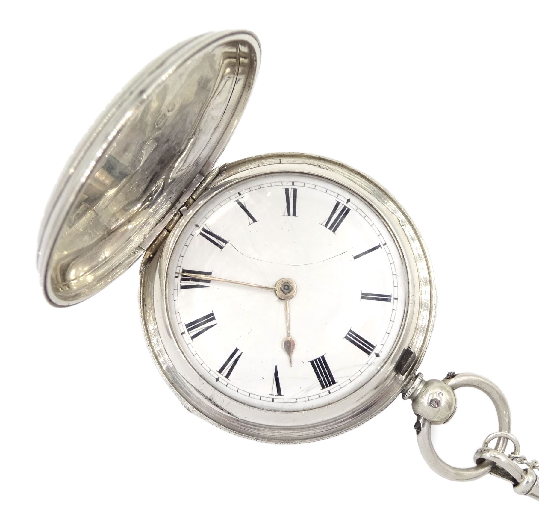 Victorian silver full hunter pocket watch by Grantham, London, No. 55473, white enamel dial with Roman numerals,  case by William Hammon, London 1885, on silver Albertina chain, stamped sterling