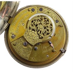 William IV silver pair cased verge fusee pocket watch by J C Heselton, Beverley, No. 1082, pierced and engraved balance cock decorated with a mask, enamel polychrome 'Speed the Plough' dial with Roman numerals, bull's eye glass, case by Benjamin Norton, London 1831