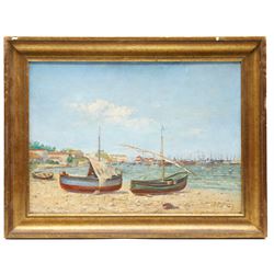 J Person (French School Early 20th Century): Impressionist Scene of Beached Sail Boats, oil on canvas signed 32cm x 44.5cm
