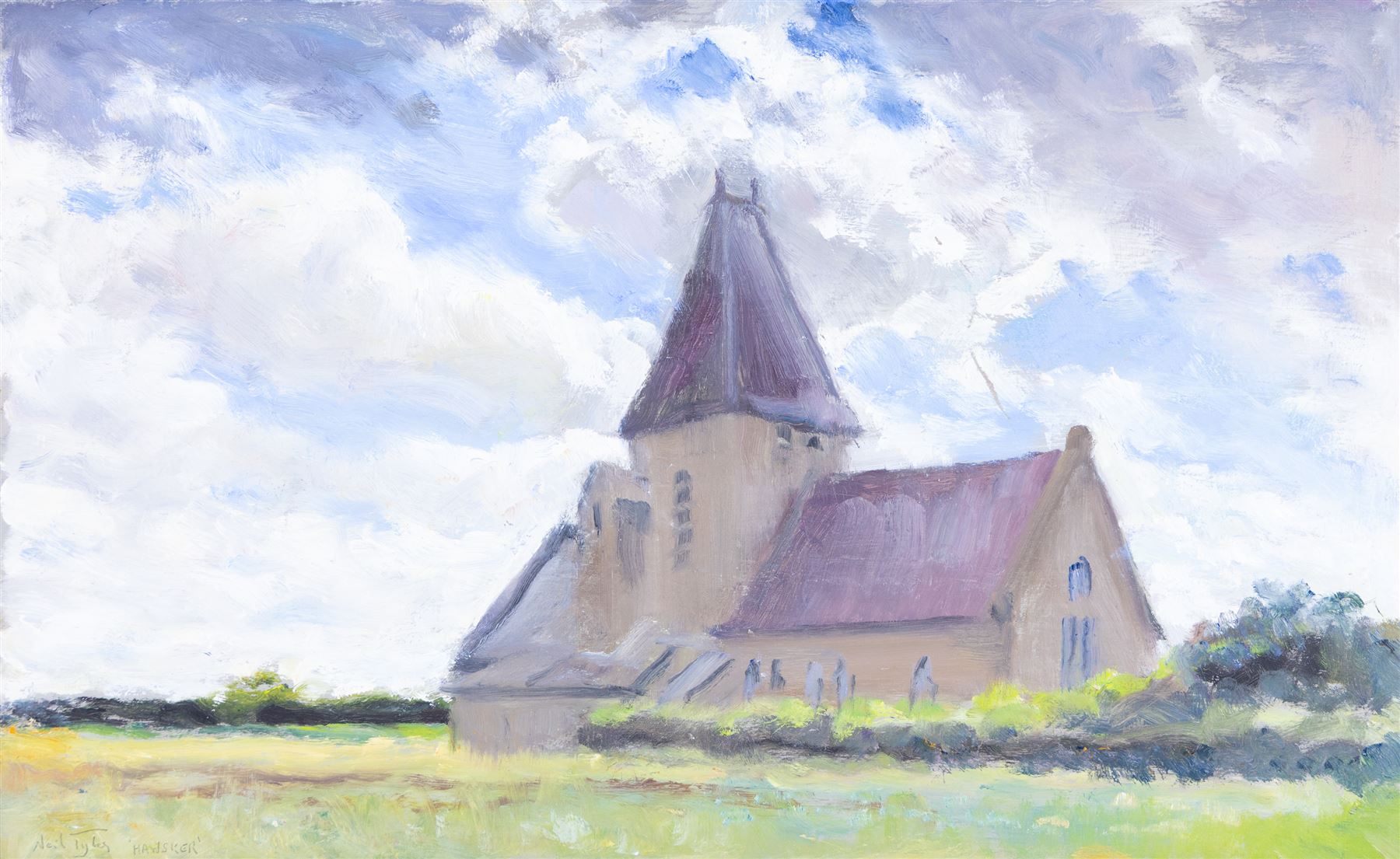 Neil Tyler (British 1945-): 'Hawsker Church', oil on board signed and titled, landscape sketch verso 29cm x 48cm