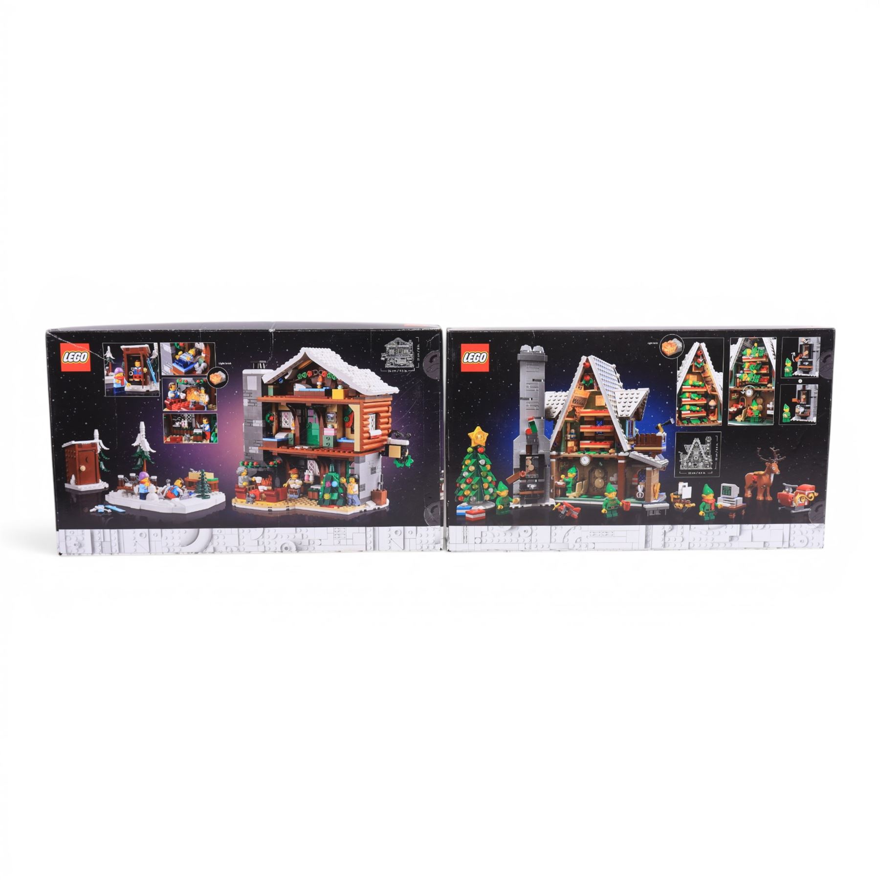 Two Lego Winter Village Collection sets, comprising Elf Club House no. 10275 and Alpine Lodge no. 10325, both boxed