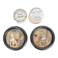  Collection of 19th century and later ointment jars, pots and lids, including Burgess's Anchovy paste, Woods Areca Toothpaste, Boots Cold Cream and framed Prattware pot lids