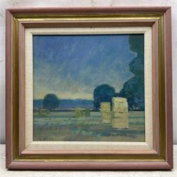 Raymond Oliver (British 1933-): 'Wolds Harvest', oil on board signed, titled and dated 1989 on label verso 29cm x 30cm 