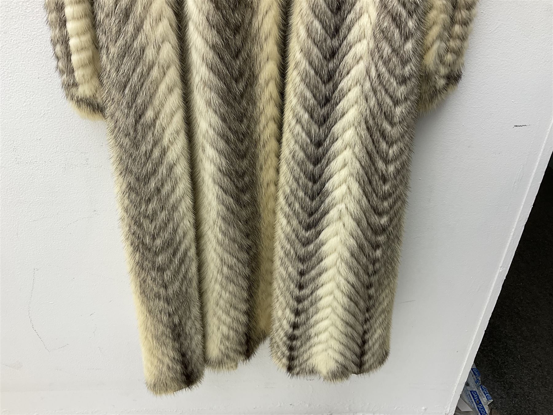 Saga mink full length fur coat, with chevron patterning to sleeves and body, with label to lined interior, approx size 12