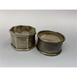 Two silver napkin rings by Collingwood & Sons Ltd, Birmingham 1928 and two other silver napkin rings hallmarked, approx 3.2oz, cased set of silver silver handled knives, hallmarked Sheffield 1915, together with a selection of silver plated flatware, to include Walker and Hall fish eaters set, cased nut cracker set with grape scissors, etc., plus a silver mounted hair brush and hand held mirror, hallmarked Chester 1919