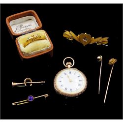 Edwardian gold heart and ribbon brooch, set with a single diamond chip, two gold brooches, gold stick pins, rose gold ladies keyless cylinder fob watch, all 9ct and an 18ct gold stone set ring, hallmarked