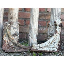 Set of eight Victorian cast iron reclaimed architectural columns, removed from a small gauge railway station, each highly detailed with acanthus cast capitals above fluted columns, six having further acanthus to base. H242cm / 160cm.  - COLLECTION BY APPOINTMENT FROM: The White House, Thirsk Road, Easingwold, York, YO61 3NF - CALL 01723 507111 TO ARRANGE